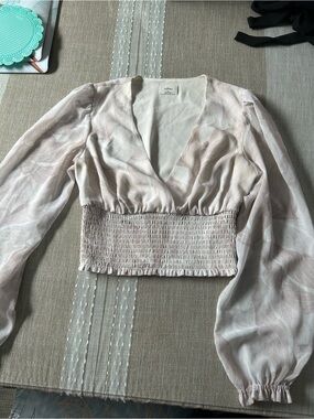 Wilfred Pale Blush Smocked-Waist V-Neck Long Sleeve Blouse